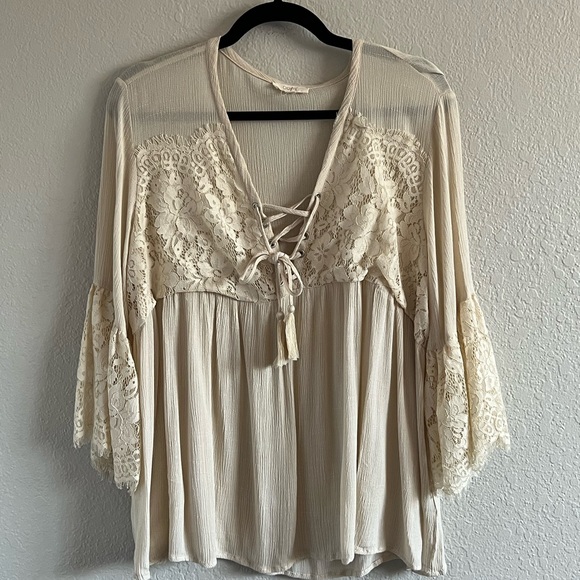 ODDY Tops - ODDY Boho Lace Bell Sleeve Gauzy Lace Up Top